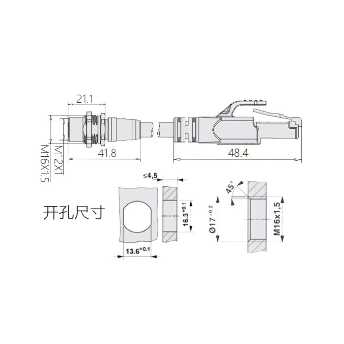 M12 4Pin D-coded、板面法蘭母頭轉(zhuǎn)RJ45公頭直型、雙端預(yù)鑄PVC非柔性電纜、帶屏蔽、黃色護(hù)套、0C4228-XXX